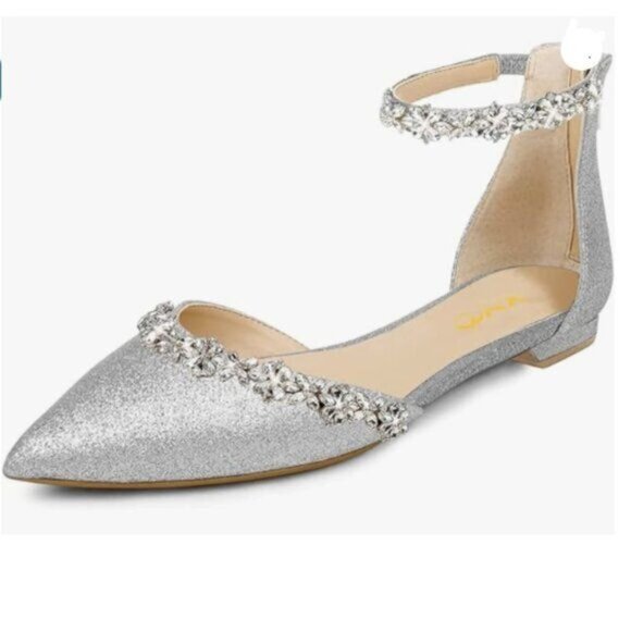 XYD Women Classic Pointed Toe Wedding Flat Sandals Sparkly Rhinestones Silver - Picture 1 of 8